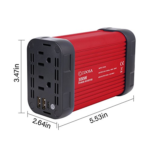 COOSA 300W USB C Car Power Inverter DC 12V to 110V AC Vehicle Power Converter with 4.8A Dual USB A Charging Ports Car Adapter (Black red)