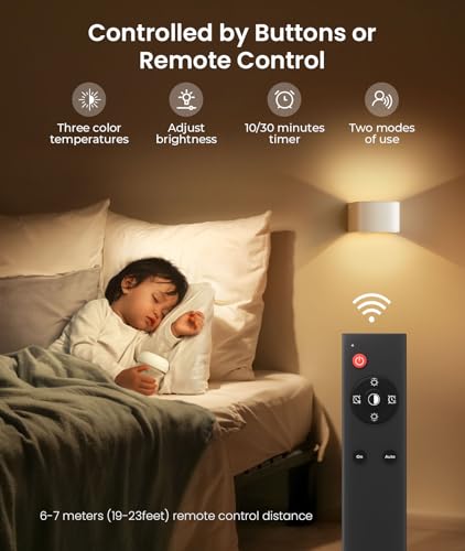 FULEN Pack of 2 Battery Wall Light with Motion Sensor, LED Indoor Wall Light, 3 Colours, 3 Modes, Up and Down Wireless Battery Wall Light with Remote Control for Bedroom, Living Room, Stairs (White)