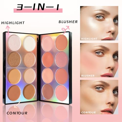 NewBang 16 Colors Blush Contour Highlighter Makeup Palette with Brush, Matte Mineral Face Blush Powder for Cheek, Bright Shimmer Illuminator Bronzer Professional Facial Beauty Makeup Blushes Set