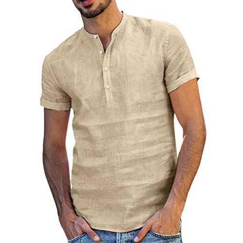Ximandi Men's Baggy Cotton Linen SOID Color Short Sleeve Retro T Shirts Tops Blouse Khaki
