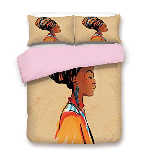 Pink Duvet Cover Set,Queen Size,Ethnic Woman with Exotic Feather Earring and Scarf Zulu Hippie Artwork,Decorative 3 Piece Bedding Set with 2 Pillow Sham,Best Gift for Girls Women,Caramel Merigold
