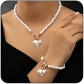 MarveBard Pearl Heart Necklace Bracelet Set for Women Vintage Crystal Heart Pendant Charm Necklace Chunky Pearl Beaded Ot Toggle Clasp Choker Bracelet Dainty Bride Wedding Ball Jewelry
