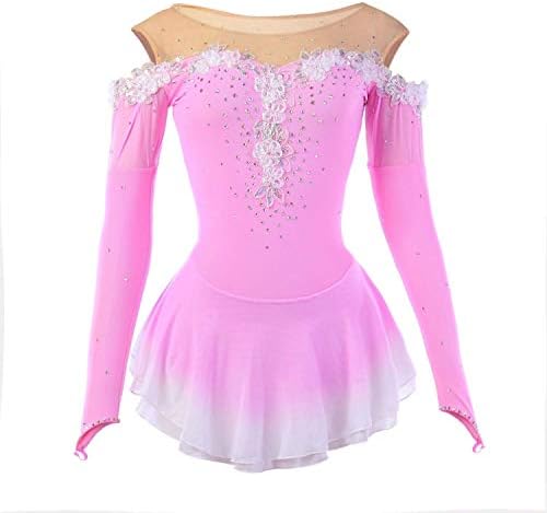 NYW Handmade Figure Skating Dress for Girls Roller Skate Dress Competition Costume Appliques Long Sleeved Elastic Skating Dresses Pink