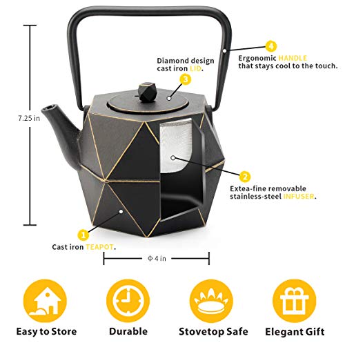 Tea Kettle, TOPTIER Japanese Cast Iron Teapot with Stainless Steel Infuser, Cast Iron Tea Kettle Stovetop Safe, Diamond Design Teapot Coated with Enameled Interior for 30 oz (900 ml), Christmas Black