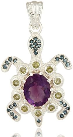 925 Sterling Silver Gemstone Turtle Pendant, Multi Gemstone Jewelry Pendant , Gemstone Pendant