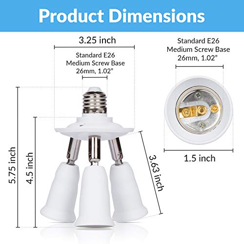 Simba Lighting E26 Light Bulb Socket Adapter Splitter to 3 Heads White Finish with Fully Adjustable Angles for Wide Coverage, Indoor and Outdoor Use for Ceiling Light or Lamp, Medium Screw Base