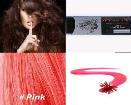 25 Strands Straight Micro Ring Links Locks Beads Keratin Stick I Tip Human Hair Extensions Color Pink