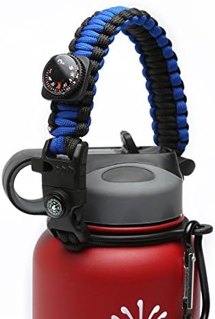 Flask Paracord Handle Holder for Wide Mouth Bottle，Carrier Survival Cord with Safety Ring and Carabiner for Hydro Flask Nalgene CamelBak Wide Bottles 12oz 18oz 32oz 40oz (Blue/Black)