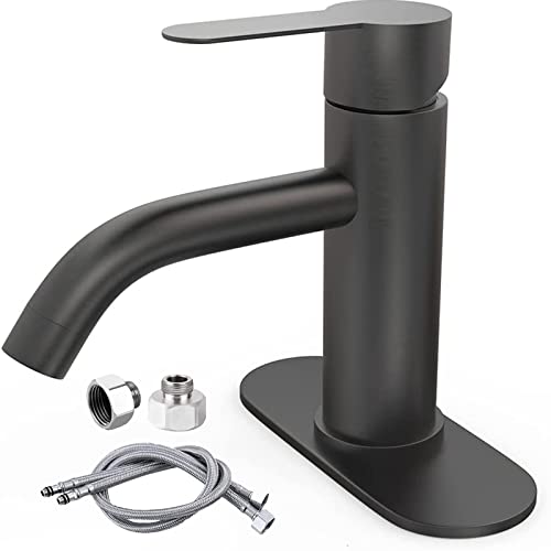 YUUTY Mezcladora para Lavabo de Baño - Acero inoxidable Grifo de baño de un solo Mango, para Baño Grifo para con cubierta, Llave Mezcladora para Lavabo con 2 Mangueras. (Negro mate)