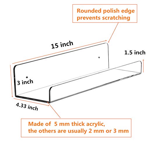 CY craft 15 inch Acrylic Invisible Floating Bookshelf for Kids Room, Modern Picture Ledge Display Toy Storage Wall Shelf 5MM Thick U Shelves Storage Rack,Set of 6