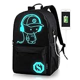 Enigma's Mystics Anime Cartoon Luminous Backpack - With USB Charging Port Anti-Theft Lock & Pencil Case Fashionable Unisex Luminous Anime School Bag Cartoon Glow In The Dark Laptop Travel Bag (BLACK)