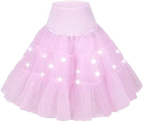 HENCY Women’s A Line Tutu Tulle Party Skirt Elastic LED Light Up Neon 3 Layered Dress Petticoat Pink