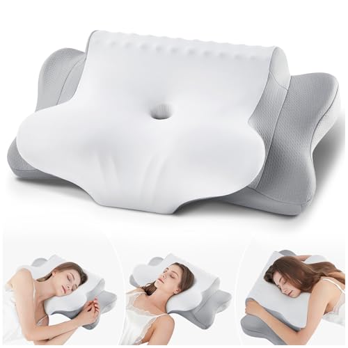 KOOTETA Cuscino Cervicale Memory Foam, Cuscino Ortopedico per Dormire con Supporto per Collo e Spalle, Doppia Altezza 10/13 cm, Federa Traspirante Sfoderabile Lavabile, 64x39 cm, Grigio Chiaro