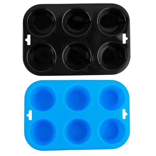 Selecto Bake 6 Cup Silicone Bun & Muffin Moulds – Non-Stick Cupcake & Yorkshire Pudding Tray – Pack of 2 (Black, Blue)