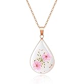 KBFORU Flower Necklaces for Women,Forget-Me-Not and Queen Anne's Lace Pressed Flower Necklace,Fashionable,Unique,Personalized Jewelry,Classic Teardrop-Shaped Resin Pendant - Gold | 18"