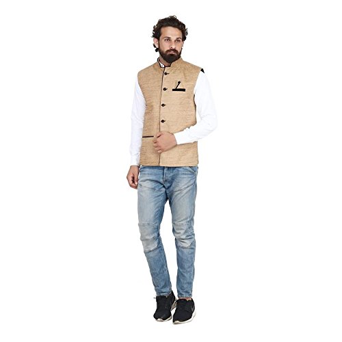 jetfire solid beige men's velvet waistcoat | nehru jacket - modi jacket