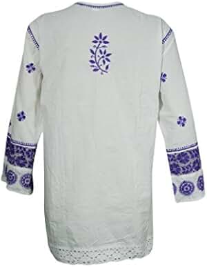 Mogul Womens Indian Tunic Kurti White Floral Embroidered Cotton Boho Top Blouse