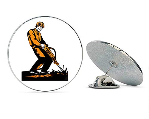 BRK Studio Cool Retro Vintage Construction Worker Jackhammer Cartoon Round Metal 0.75" Lapel Pin Hat Shirt Pin Tie Tack Pinback