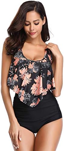 ROVLET Women Bikini Set Two Piece Off Shoulder Ruffled Flounce Crop Bikini Top with High Waist Print Cut Out Bottoms