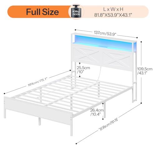 HOOBRO Full Size Bed Frame, Bed Frame with Charging Station and LED Lights, Headboard with Shelves, Heavy Duty Metal Frame, Noise-Free, Easy Assembly, No Box Springs Needed, White WT01UDBF01