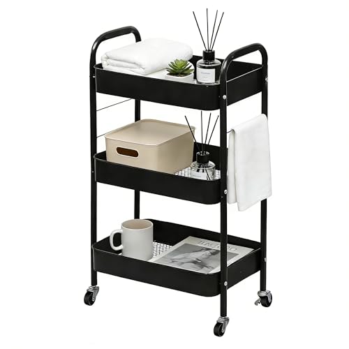 ZOESTORAGE 3 Tier Rolling Cart Metal Storage Cart with Wheels for Home, Bathroom, Kitchen, Laundry, Office and Rolling Cart Kitchen for Books, Vegetables and Snacks, Black