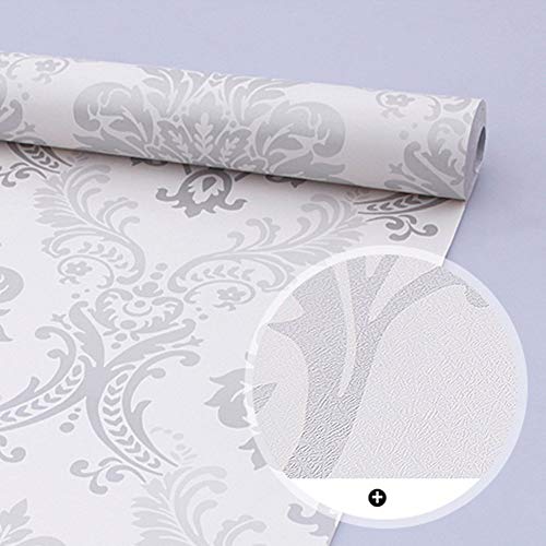 Lependor 17.71" X 118" Silver Damask Removable Wallpaper Peel and Stick Contact Paper Decorative Self Adhesive Shelf Drawer Liner Roll - 17.71" X 9.8 ft