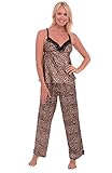 Del Rossa Women's Satin Cami Top with Lace Trim Pajama Set with Pants