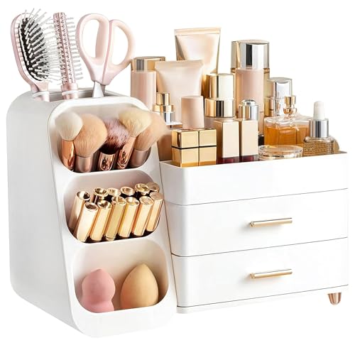 HBlife Makeup Cosmetic Organiser with Drawers, Brush Organiser, 3-in-1 Plastic Cosmetic Storage Box, Makeup Storage Box, Large Storage, White