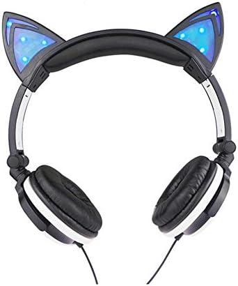Wired Cat Ear Headphones with Blue LED Lights Volume Limited to 103 Db for Kids
