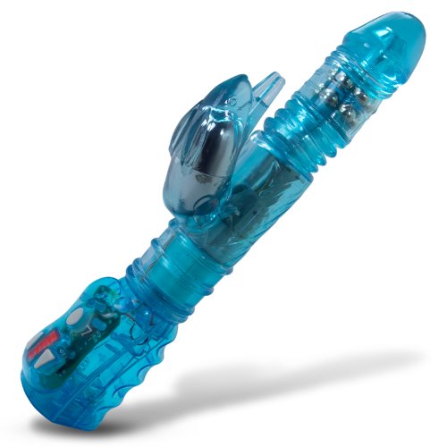LeLuv 11.5' RABBIT THRUSTER Auto Rotate Vibrator Dildo Pearls Clitoral Beads Toy Blue image