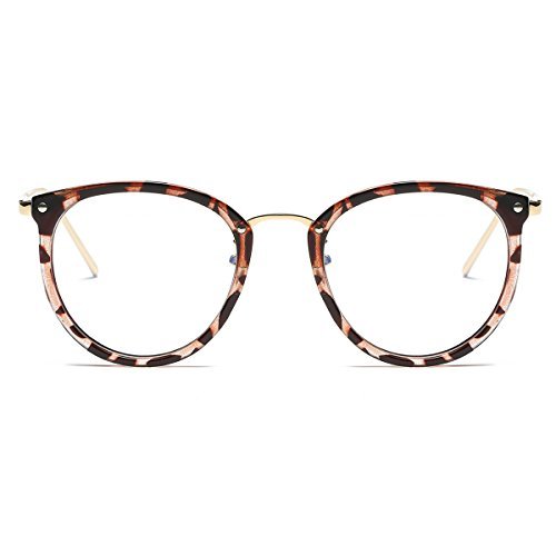 Amomoma Fashion Round Eyewear Frame Eyeglasses Optical Frame Clear Lens Glasses Havana Brown/Gold+Black