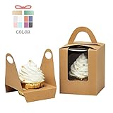 Yotruth Pop-up Cardboard Individual Cupcake Boxes Kraft Paper 100 Sets with Window Insert and Handle