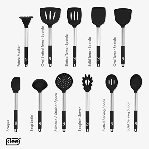 Klee 11-Piece Heat-Resistant Silicone Kitchen Utensil Set with Stainless Steel Handles (Black)