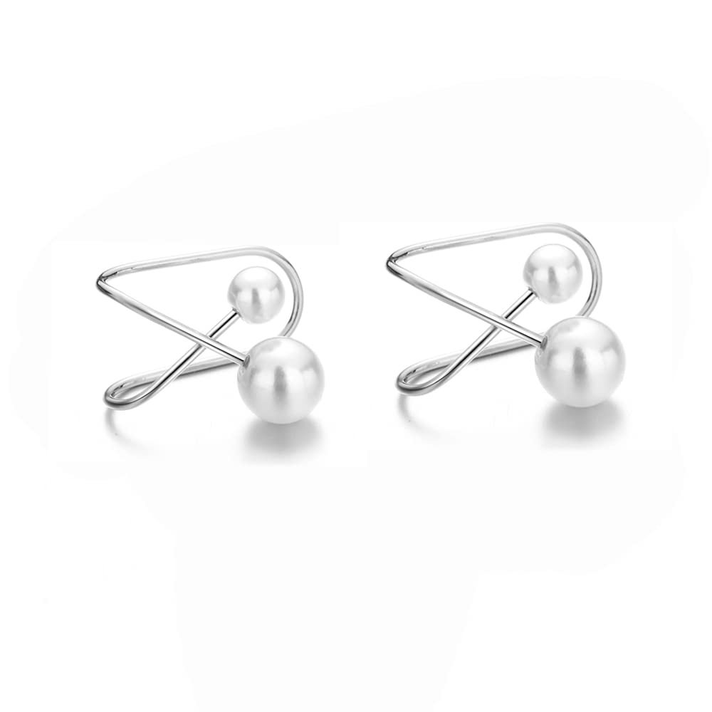 Dainty Pearl Ear Cuffs Wrap Earring Sterling Silver Plated Cross Criss Cartilage Fake Helix Huggie Hoop Earrings Non Piercing Minimalist Jewelry Charm Gift for Women Girls Birthday Girlfriend 2PCS