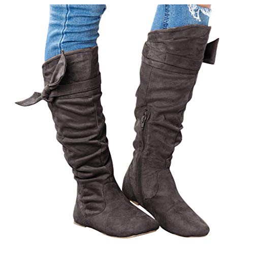 ❤Kauneus❤ Women's Faux Suede Bowknot Lovely High Boots Zipper Flat Comfy Winter Boot Slouched Under Knee High Flat Boots Dark Gray