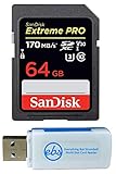 SanDisk 64GB Extreme Pro Memory Card works with Olympus TG-5 Waterproof, E-M10 Mark II, E-M1, STYLUS Tough TG-4, TG-870 Digital DSLR Camera SDXC 4K V30 UHS-I with Everything But Stromboli Combo Reader