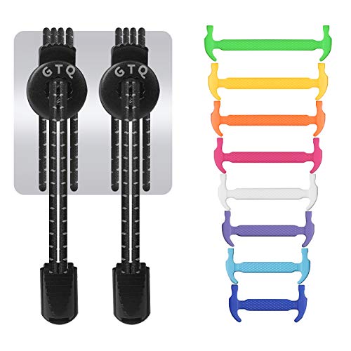 GTQ Elastic No Tie Reflective Shoe Laces with Waterproof Rubber Flat Running Shoelace (Pack of 2) for Kids & Adults. Great for Runners, Adults,Children, Older Generation,Athletes