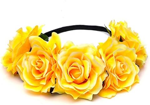 GOLIA Flower Headband Crown with Adjustable Ribbon for Wedding Festivals (Yellow)