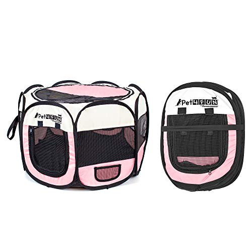 PET4FUN PN935 35" Portable Pet Puppy Dog Cat Animal Playpen Yard Crates Kennel w/Premium 600D Oxford Cloth, Tool-Free Setup, Carry Bag, Removable Security Mesh Cover/Shade, 2 Storage Pockets(Pink) - Thumbnail 4