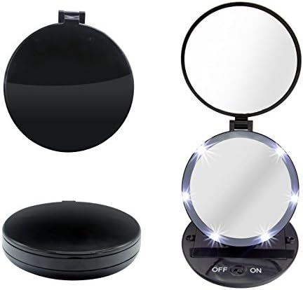 Waker Folding Lighted Travel Mirror 1X and 5X Magnifying, Battery Operated Handheld Cosmetic Double Sided Makeup Mirror, Black