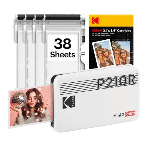 KODAK Mini 2 Retro 2x3 Mobile Photo Printer, 38 Sheets, Bluetooth Phone Printer Compatible With iOS & Android Smartphones, Instant Colour Prints, 4PASS Dye Sublimation, White