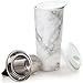 Ceramic Travel Mug with Lid. Double-Walled Insulated Cup comes with Deep Stainless Steel Tea Infuser and Bonus Silicone Top. Extra Tall Single Cup Perfectly Steeps Loose Leaf Tea … (Marble, 16 oz)
