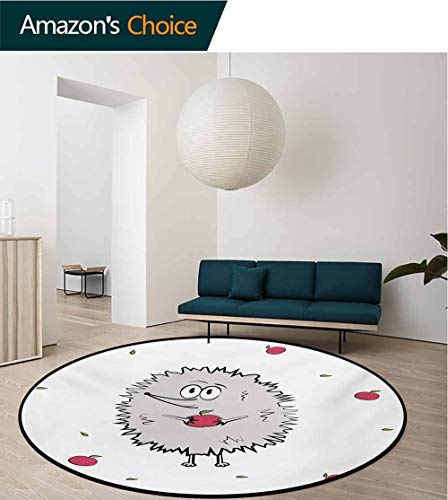 RUGSMAT Hedgehog Modern Washable Round Bath Mat,Happy Animal Apples and Leaves Doodle Style Cartoon Drawing Fun Illustration Non-Slip Bathroom Soft Floor Mat Home Decor,Diameter-55 Inch