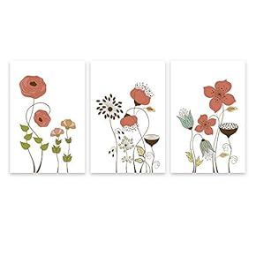 3 Panel Canvas Wall Art - Hand Drawing Style Flowers on White Background - Giclee Print Gallery Wrap Modern Home Art Ready to Hang - 16"x24" x 3 Panels