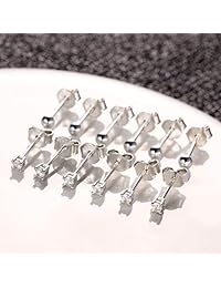 Sllaiss - Juego de 6 pares de pendientes redondos de circonita cúbica de plata de ley con bola pequeña