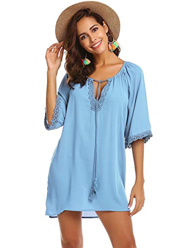 SUNAELIA Swimsuit with Cover Ups for Women Beach Coverups Swimwear Dress Sky Blue - Thumbnail 3