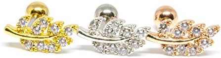 Stainless Steel 16g 16-Gauge Cute Lucky Cartilage Daith Tragus Helix Indutrial Barbell Bohemian Sensitive Solid Tropical Wood Tree Natural Floral Flower Angel Cz Leaf Ear Studs Piercing Earring-AAJ