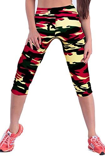 Womens Printed Active Workout Capri Leggings Outfit Stretch Tights(Army Red#23,XL)