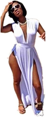 Qiuyun Women's Polyester Sleeveless Deep V Neck Clubwear Split Dress White L