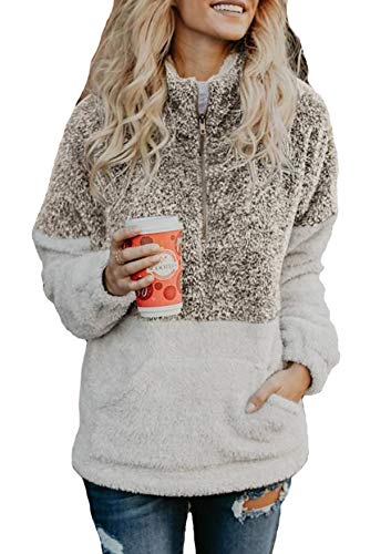 Women Long Sleeve Pullover Soft Fleece Zip Sweatshirt with Pockets Outwear Coat Khaki